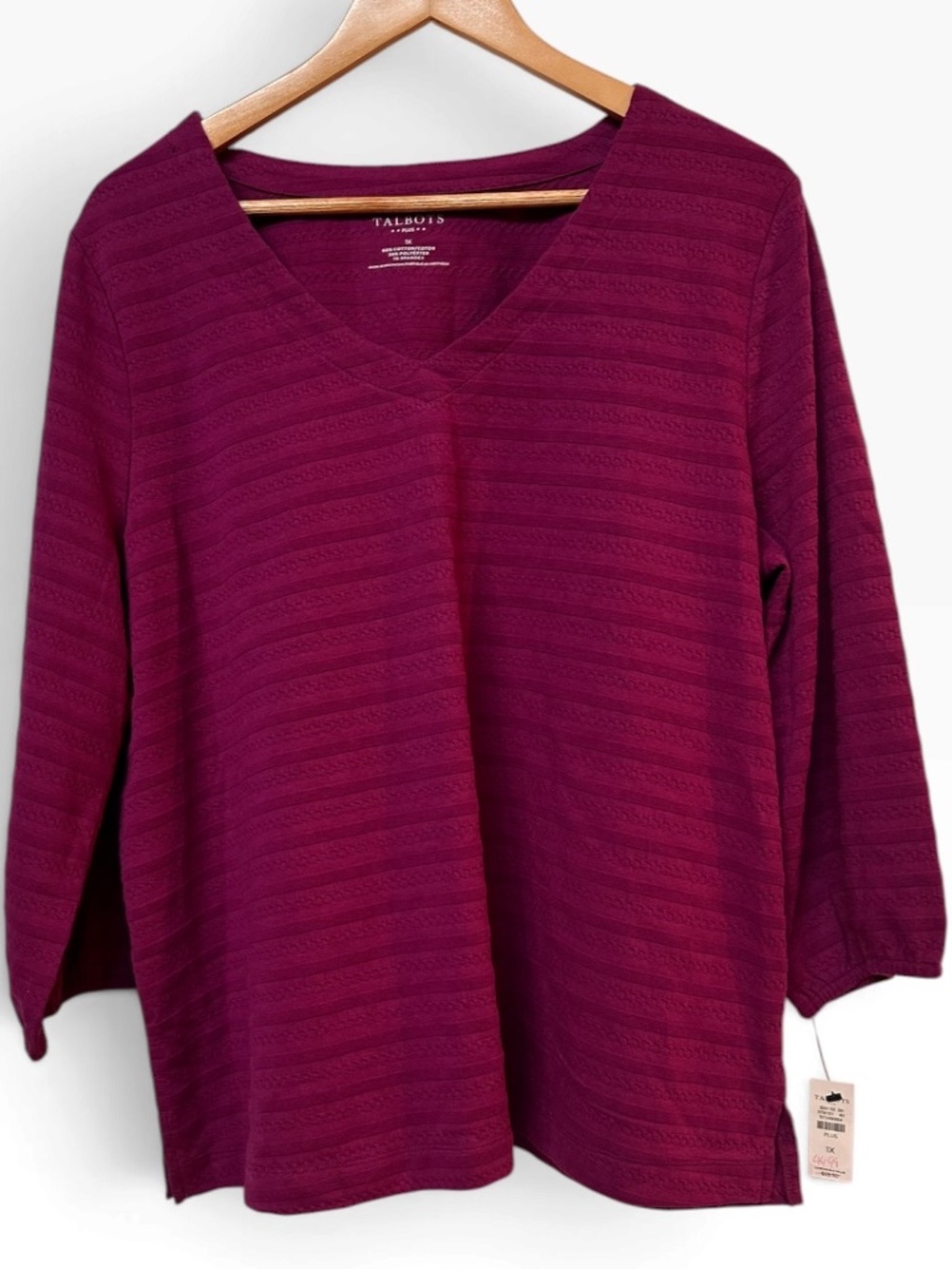 NWT Talbots Plus 1X Berry Purple Cable Knit V-Neck 3/4 Sleeve Top